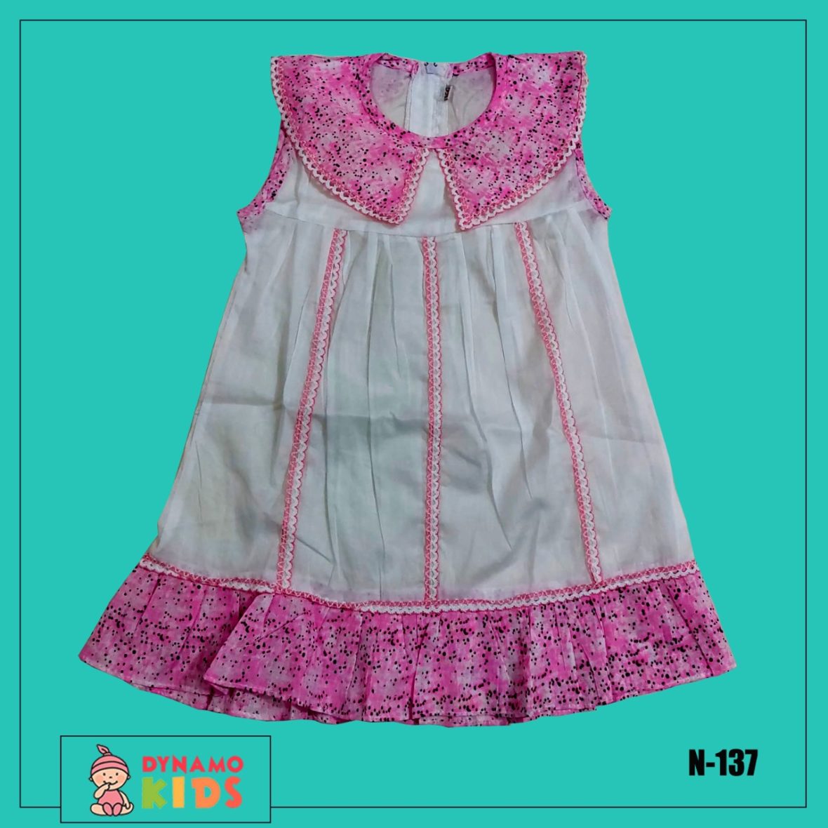 New cotton frock white (with pink and black dot)