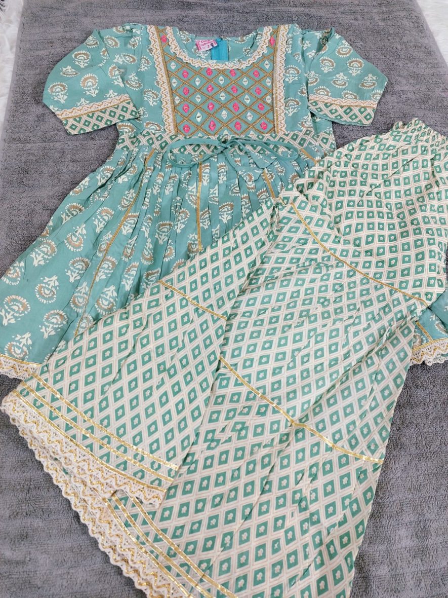 Girls Fancy Anarkoli Cotton Cyan