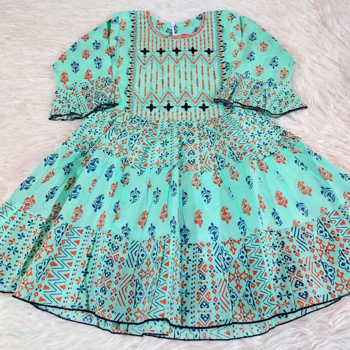 Cotton Frock Sea Green with Sequence