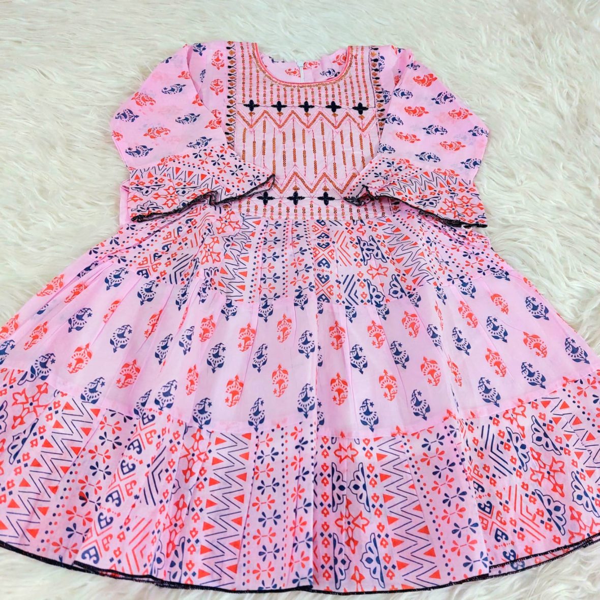 Cotton Frock Pink with Orange with Sequence