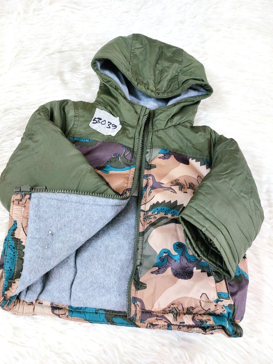 Green padding jacket with dinosaur print