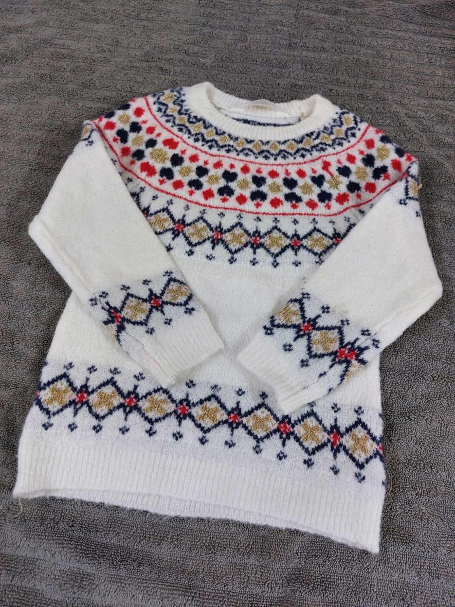 White sweater with red and golden jari work